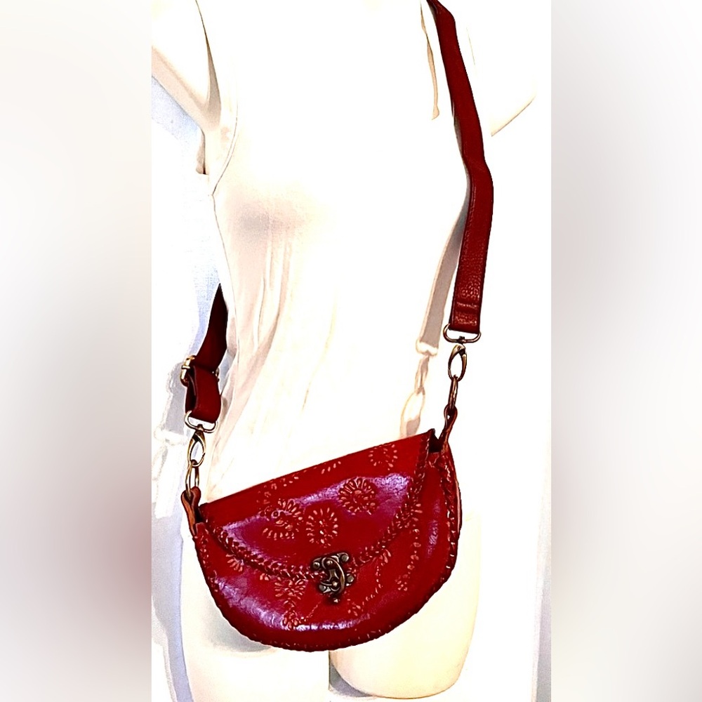 Wa bags VTG Handcrafted Tooled Red Leather Floral  Pattern Adhustable St…